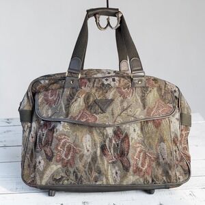 Vintage French West Indies Floral Tapestry Travel Bag Weekender Carry On Brown